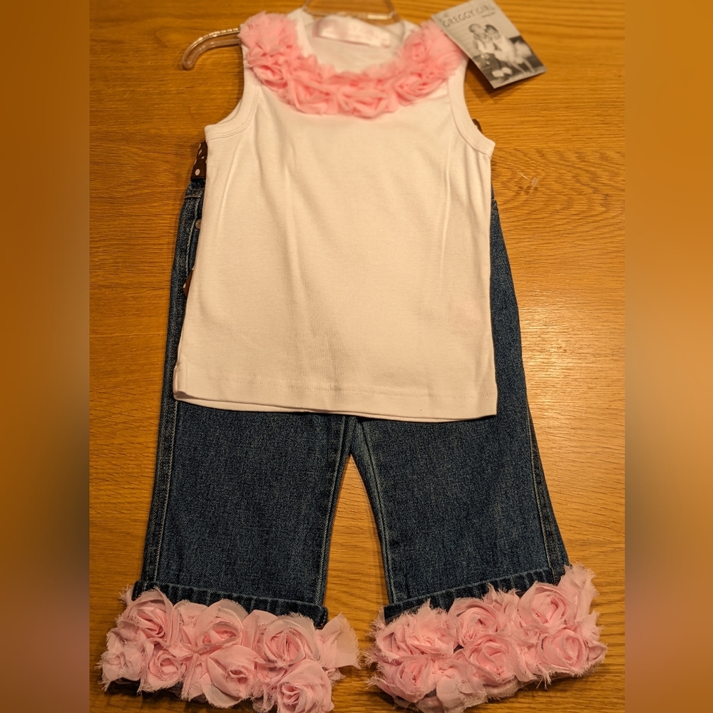 Greggy Girl Boutique 2 Piece Outfit White Tank Denim w/ Pink Roses NWT Girls 4T